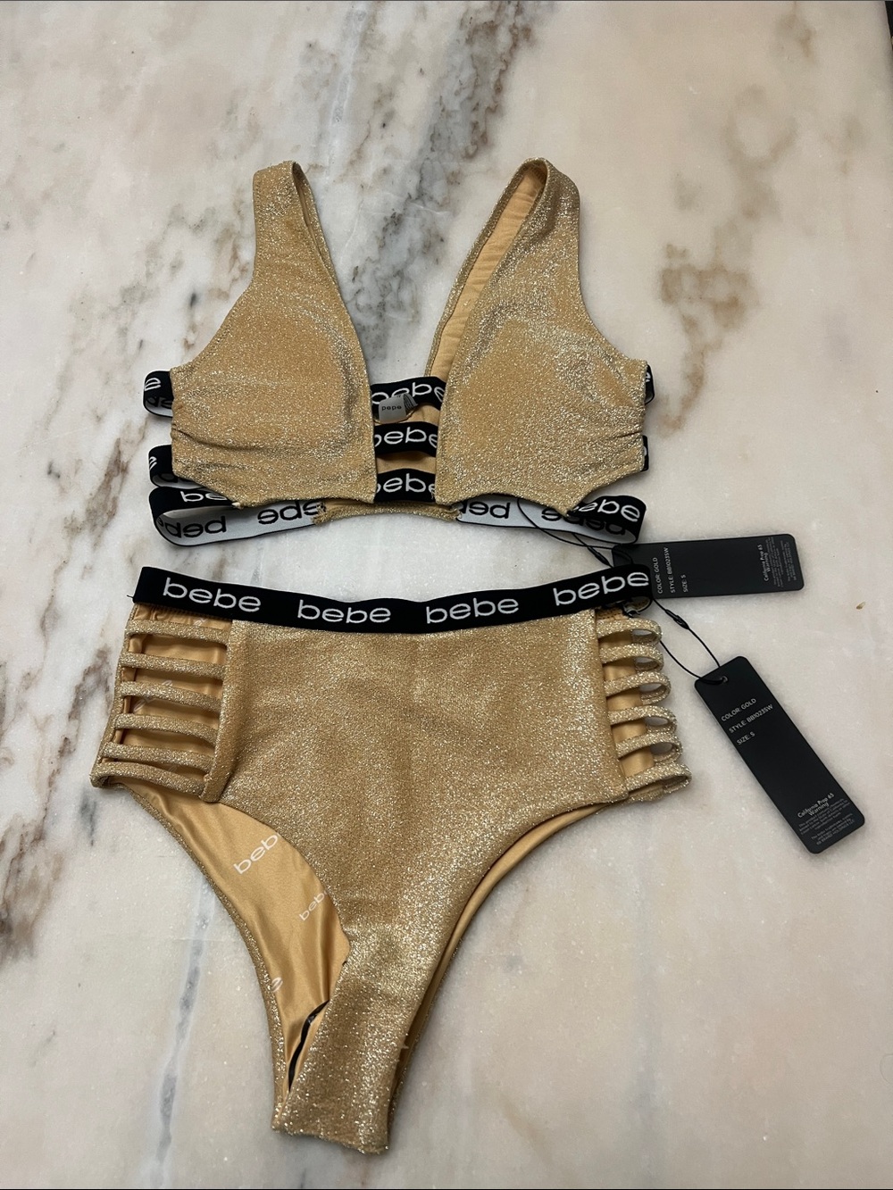 bebe Gold Shimmer High-Waist Bikini Set with Ladder Side Cutouts